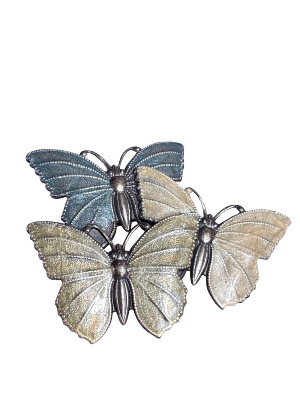 Vintage Butterflies Brooch Silvertone Blue Beige Green Enamel 2.5 inches